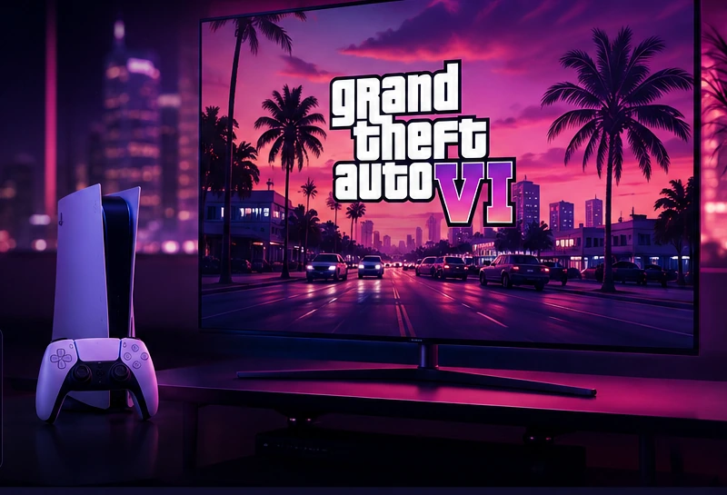 PS5 и экран с GTA VI в неоновом игровом пространстве